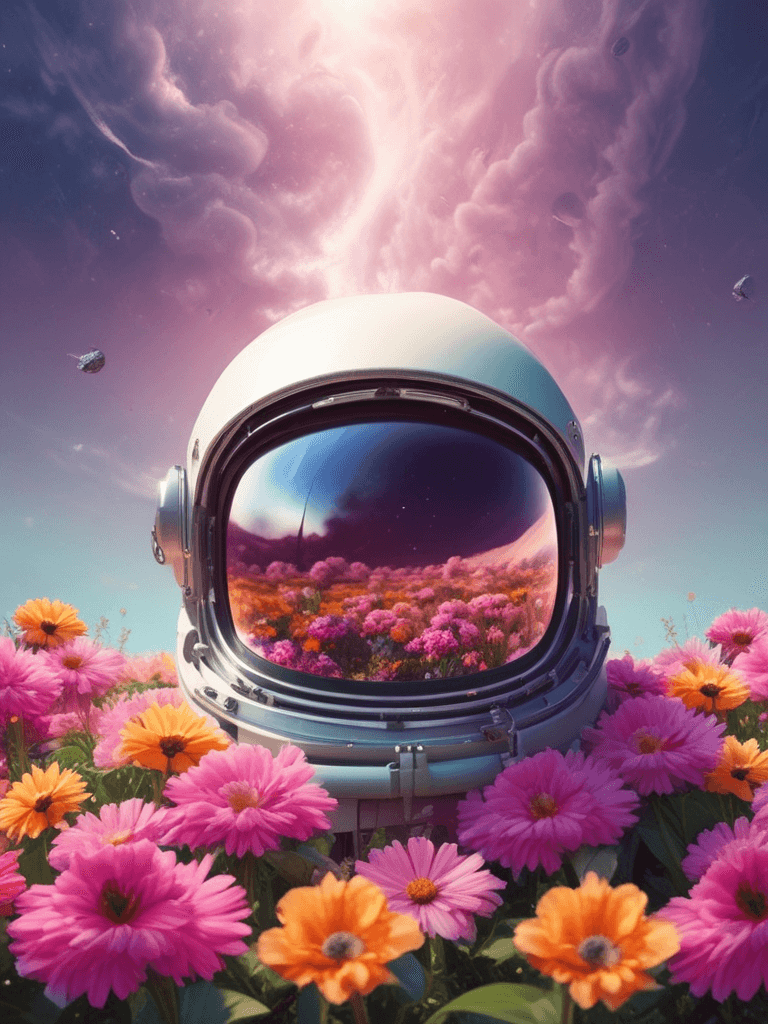 Astronaut Helmet Filled with Flowers - AI generated image created with text-to-image prompt
