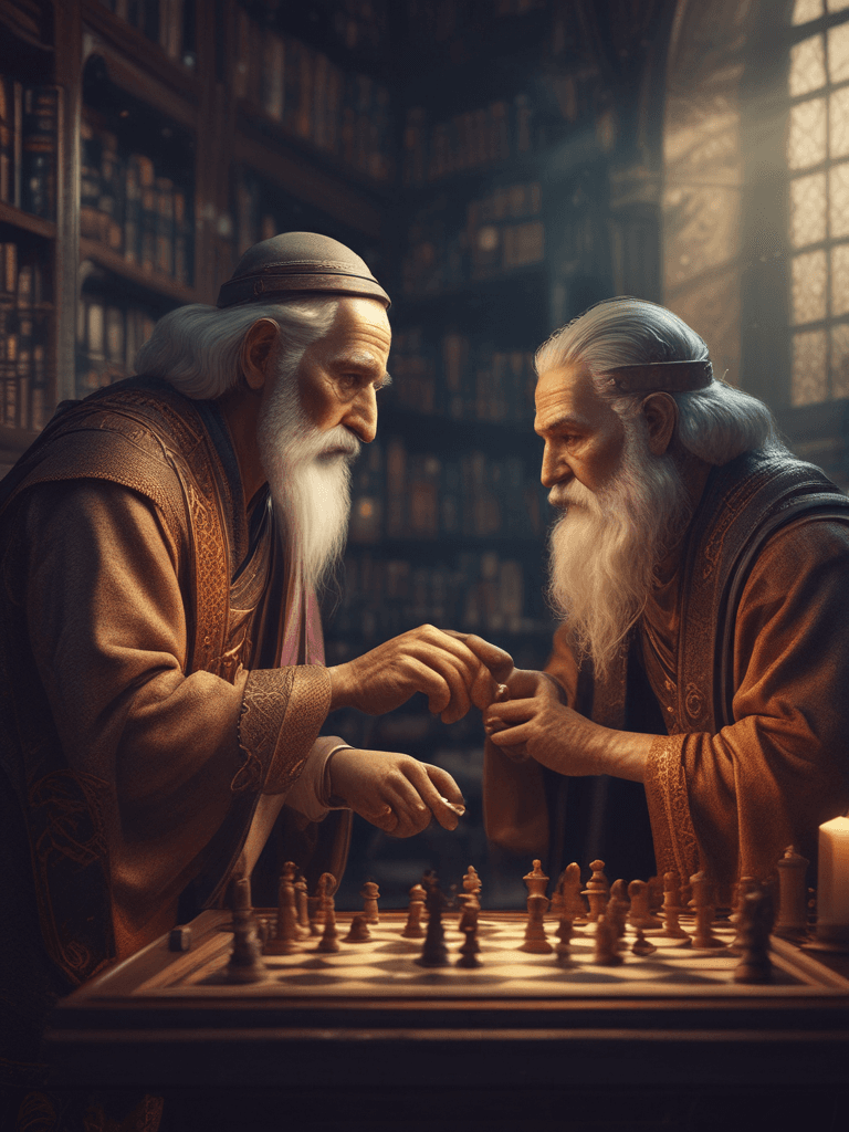 Magos Jugando Ajedrez en la Biblioteca - AI generated image created with text-to-image prompt