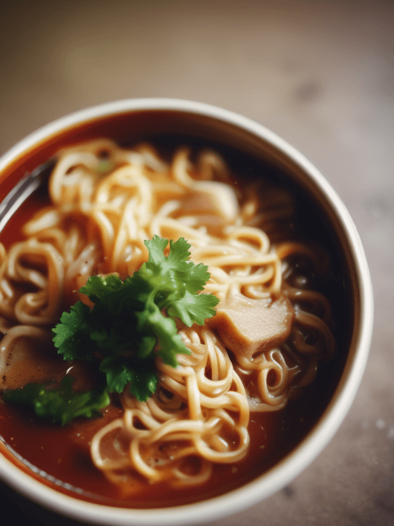 Ramen Bowl with Steam Close-up - AI generated image created with text-to-image prompt