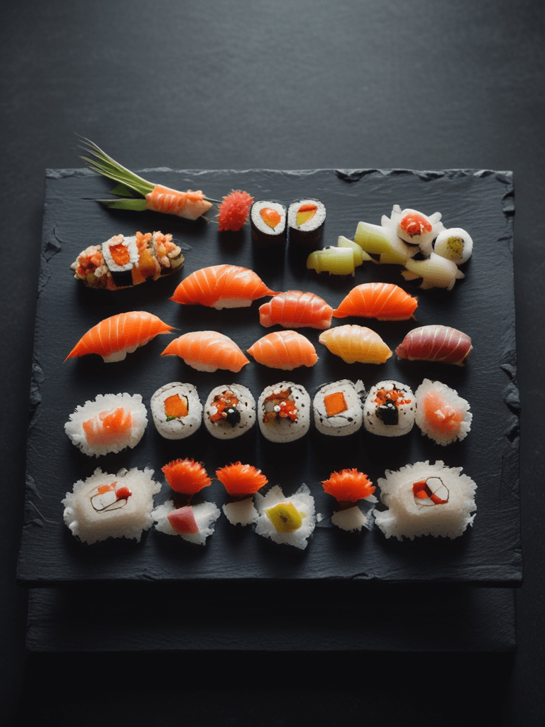Sushi-Platte auf dunklem Schiefer - AI generated image created with text-to-image prompt