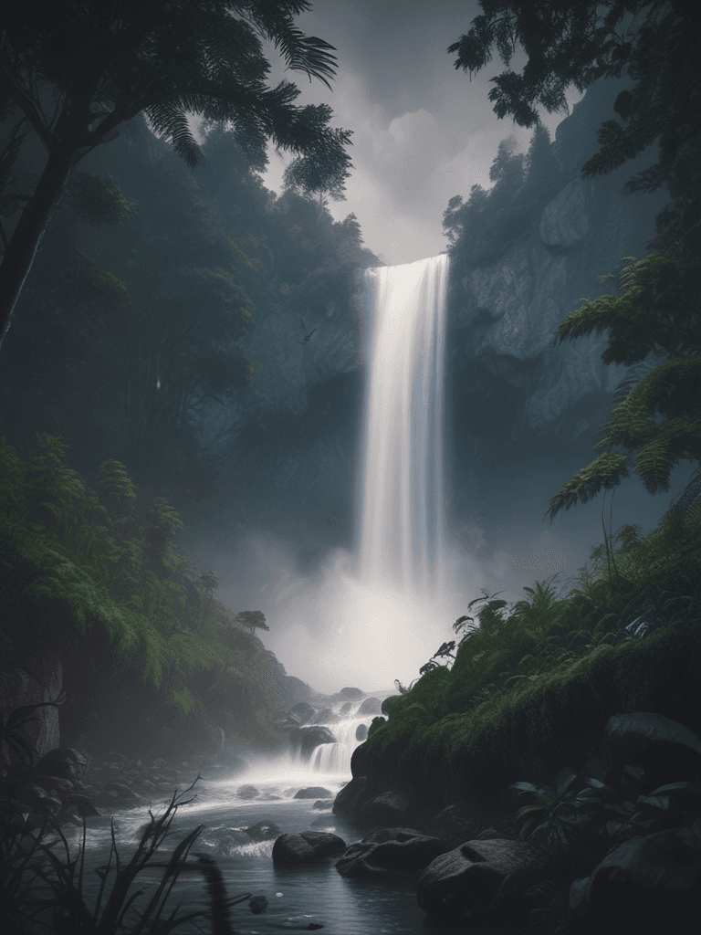 Epic Waterfall in Rainforest at Night - AI generated image created with text-to-image prompt