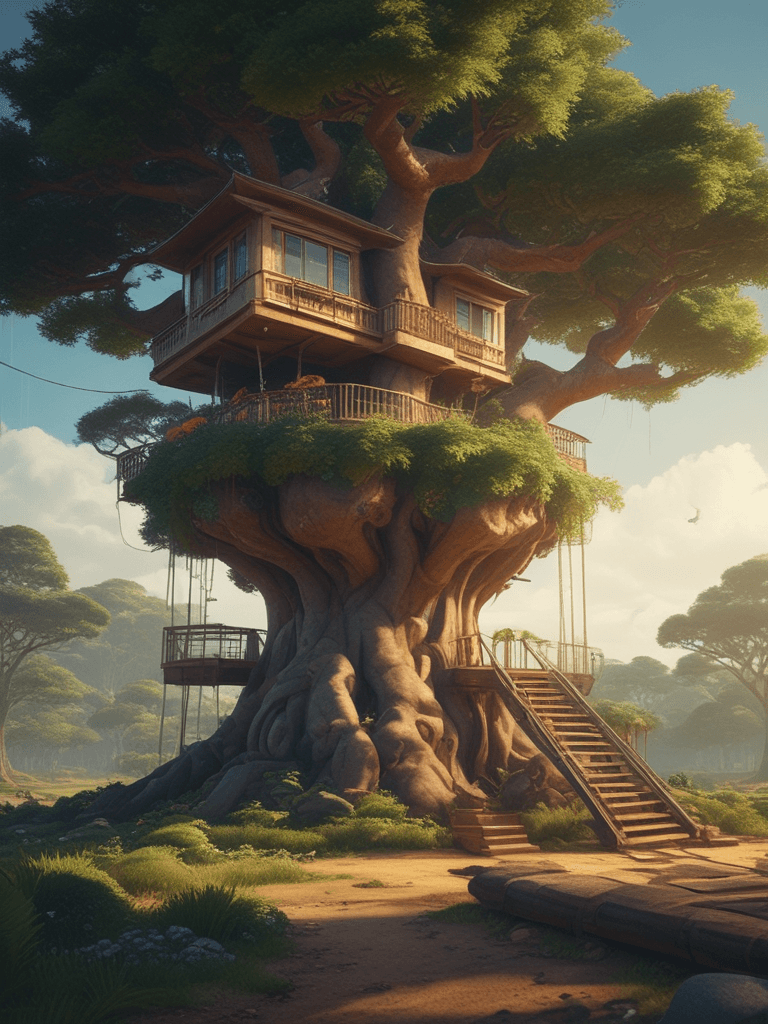 Futuristic Treehouse Ghibli Style - AI generated image created with text-to-image prompt
