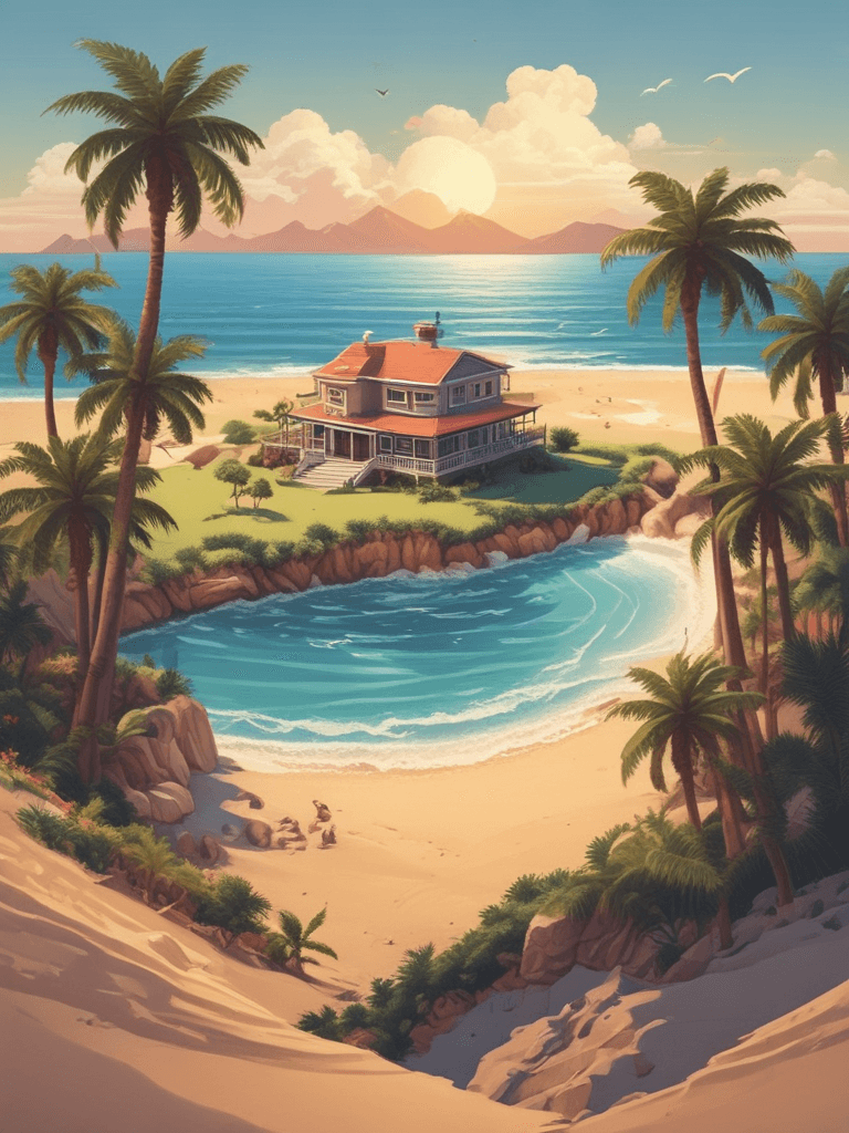 Póster Isométrico de Isla con Casa de Playa - AI generated image created with text-to-image prompt