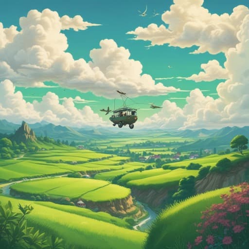 Magical Flying Vehicle over Rice Fields - AI generated image created with text-to-image prompt