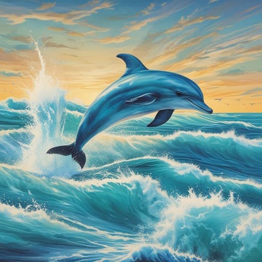 Dolphin Leaping Through Waves - AI generated image created with text-to-image prompt