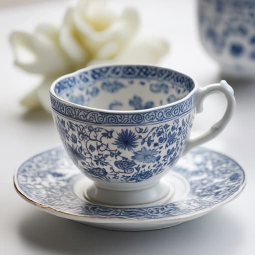 Porcelain Teacup with Blue Patterns - AI generated image created with text-to-image prompt