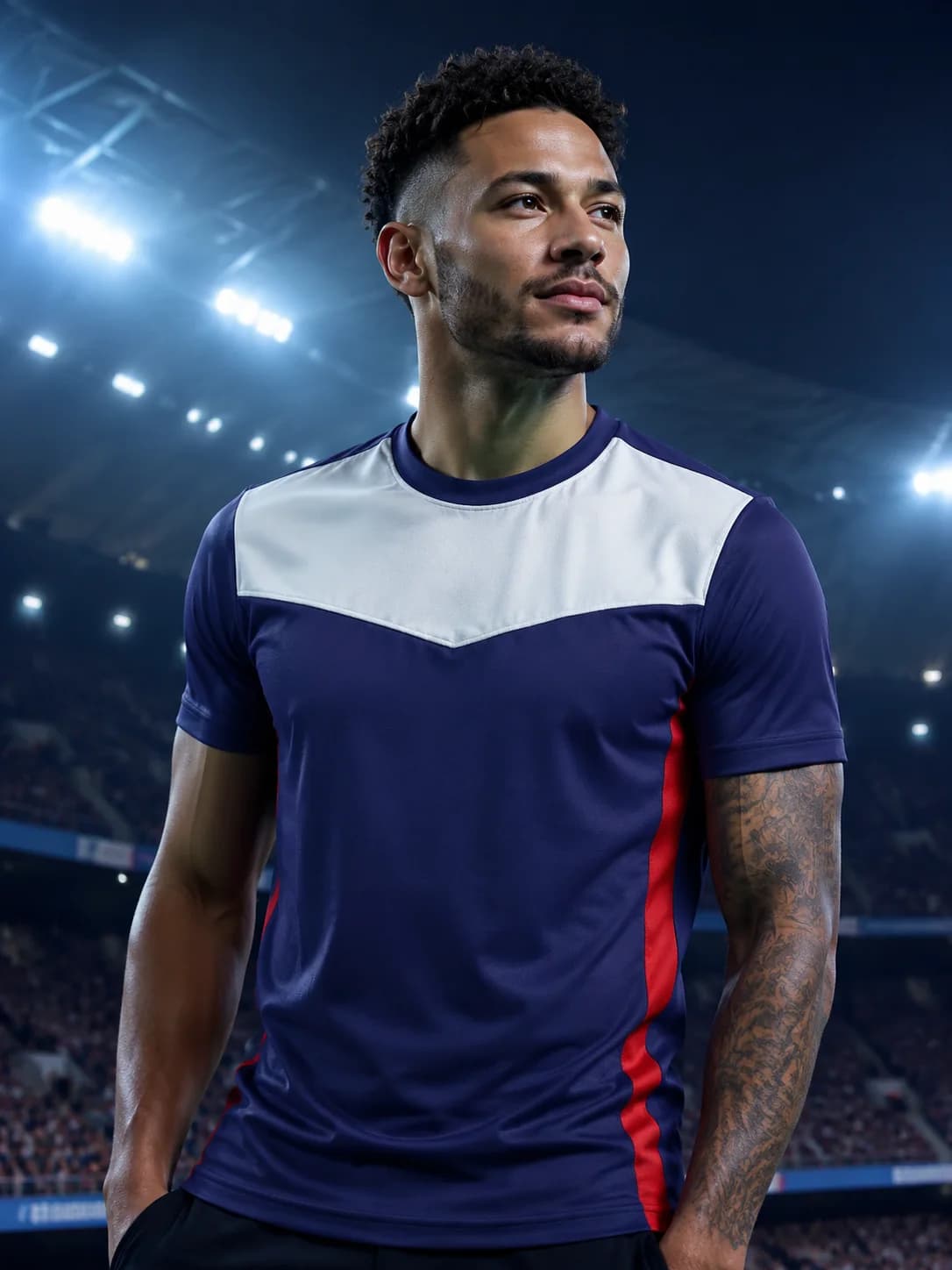 AI-generated World Cup 2026 USA football jersey portrait (fictional fan art, not an official kit)