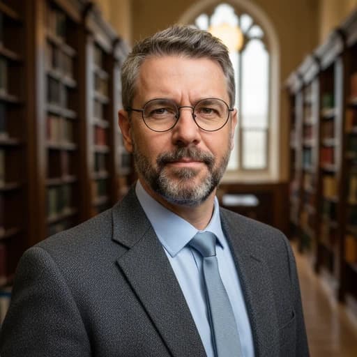 AI-generated academic faculty headshot with tweed blazer and library background, ideal for university profiles
