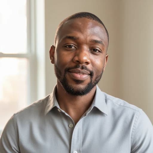 AI-generated business casual headshot with smart shirt and bright modern workspace background