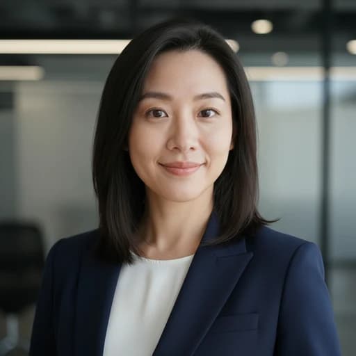 AI-generated professional corporate headshot with dark business suit and blurred office background