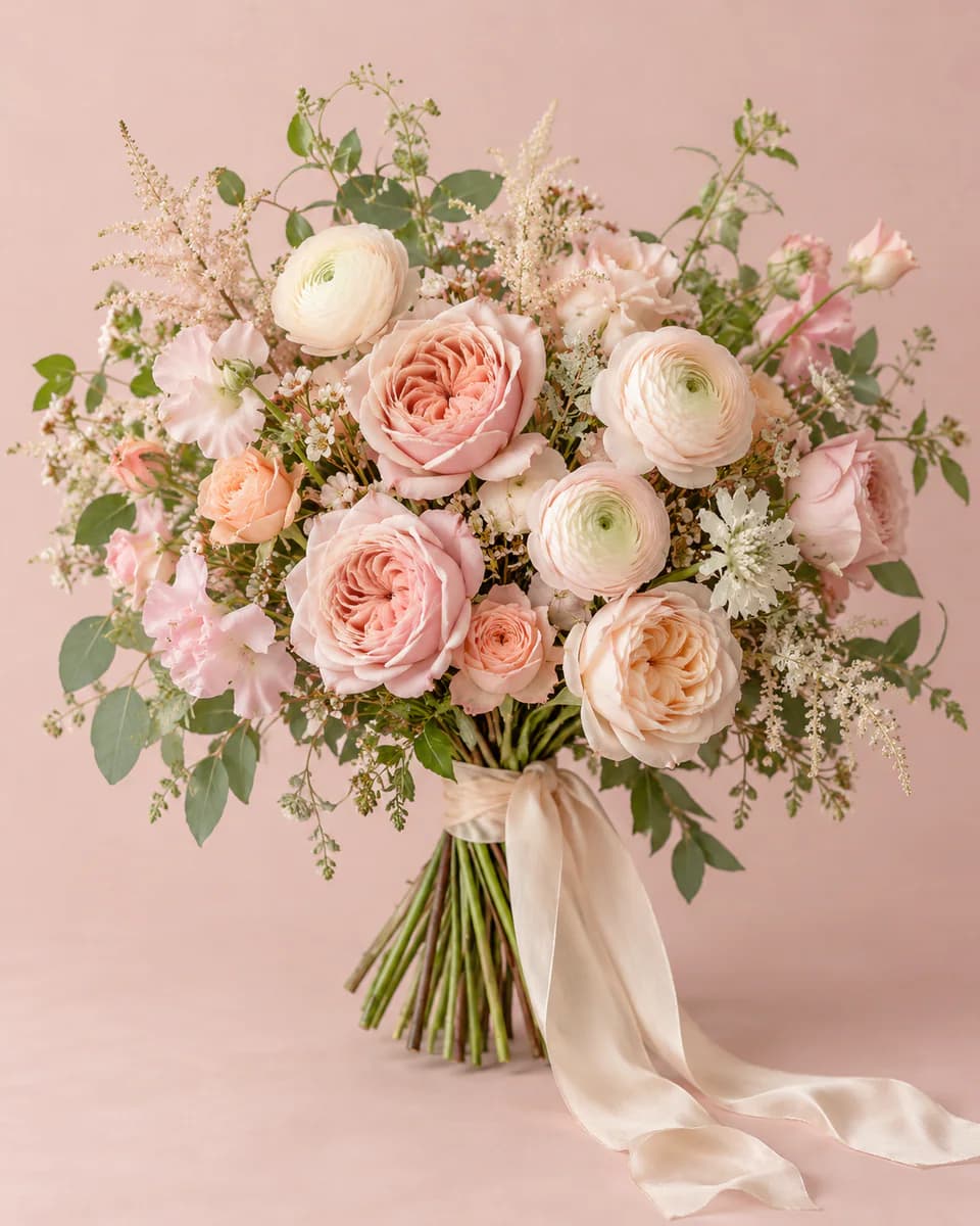 Blush garden bridal bouquet with roses and ranunculus