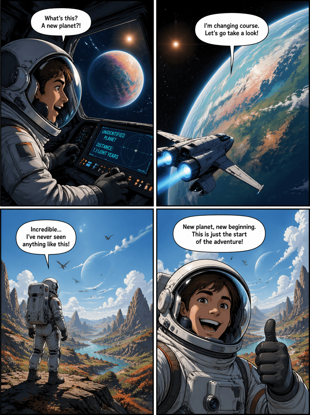 新惑星を発見する宇宙飛行士の 4 コマ漫画、ダイナミックなアングル、英語のセリフバブル ダイナミックなアングルと英語のセリフバブルで描かれた宇宙飛行士の 4 コマ漫画の GPT Image 2 例