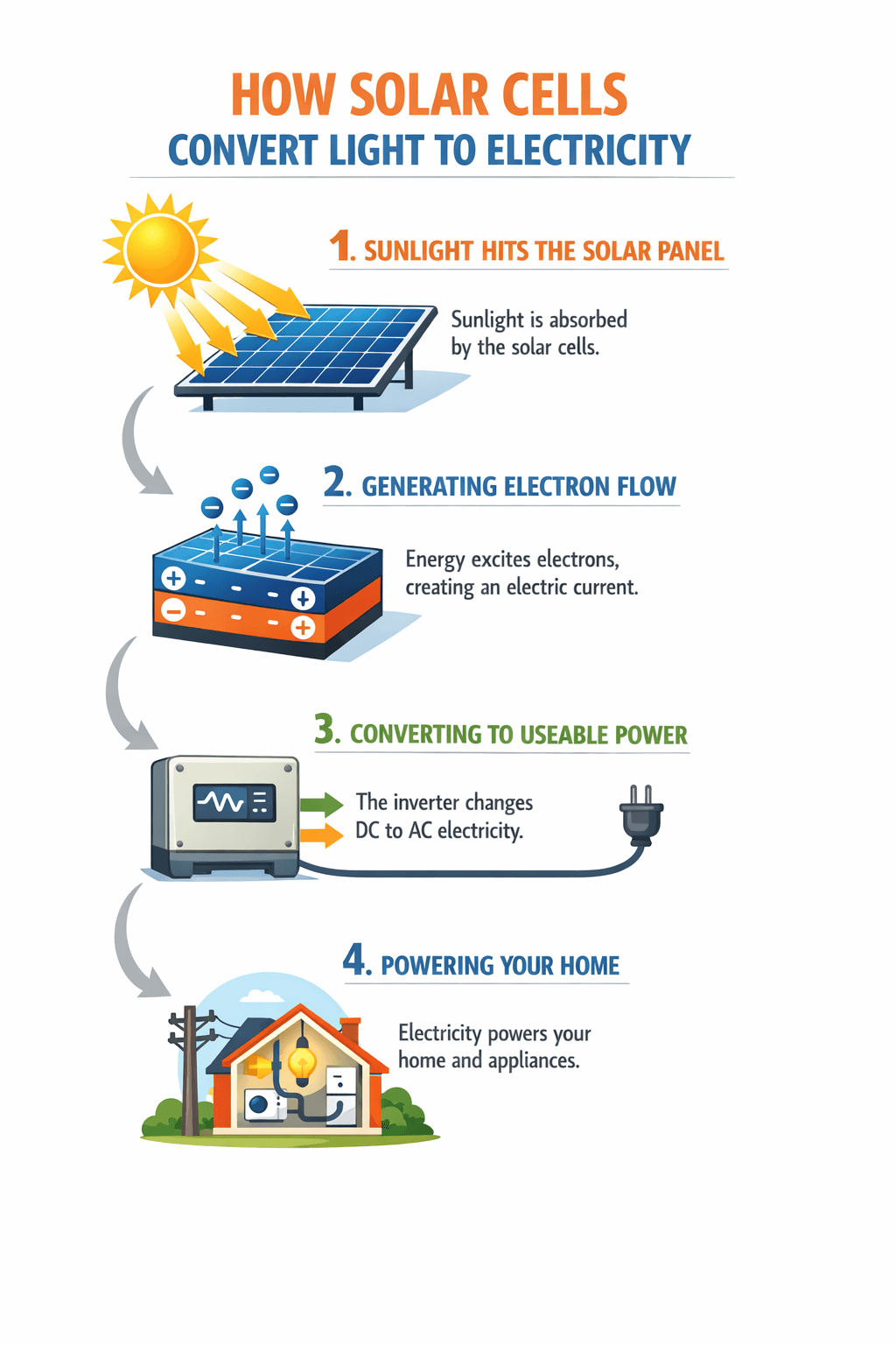 Step-by-step infographic explaining how solar cells convert light to electricity, clean vector style GPT Image 2 infographic example explaining solar cell photovoltaic process in a clean vector style