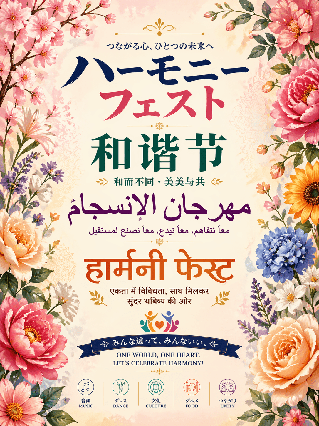 ملصق مهرجان يحمل عنوان 'Harmony Fest' باليابانية والصينية والكورية واللاتينية، خلفية زهرية مثال ملصق متعدد اللغات Harmony Fest من GPT Image 2 يعرض الطباعة اليابانية والصينية والكورية واللاتينية معًا