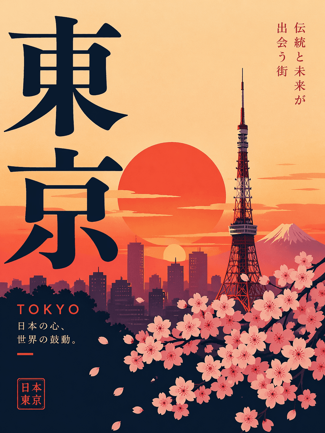 Minimalist travel poster for Tokyo, bold Japanese typography, cherry blossoms, sunset palette GPT Image 2 Tokyo travel poster example with bold Japanese typography and cherry blossoms in a sunset palette