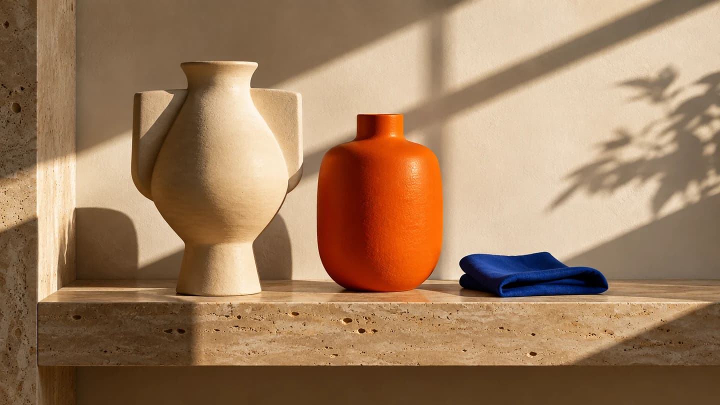 Vase en céramique, orange et tissu bleu sur une tablette ensoleillée, créés avec GPT Image 2.5