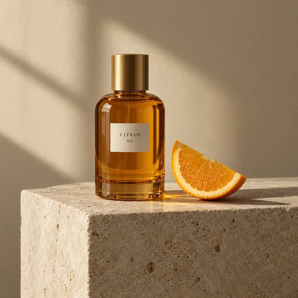 Flacon de parfum ambré et orange sur pierre, exemple GPT Image 2.5 en qualité Haute