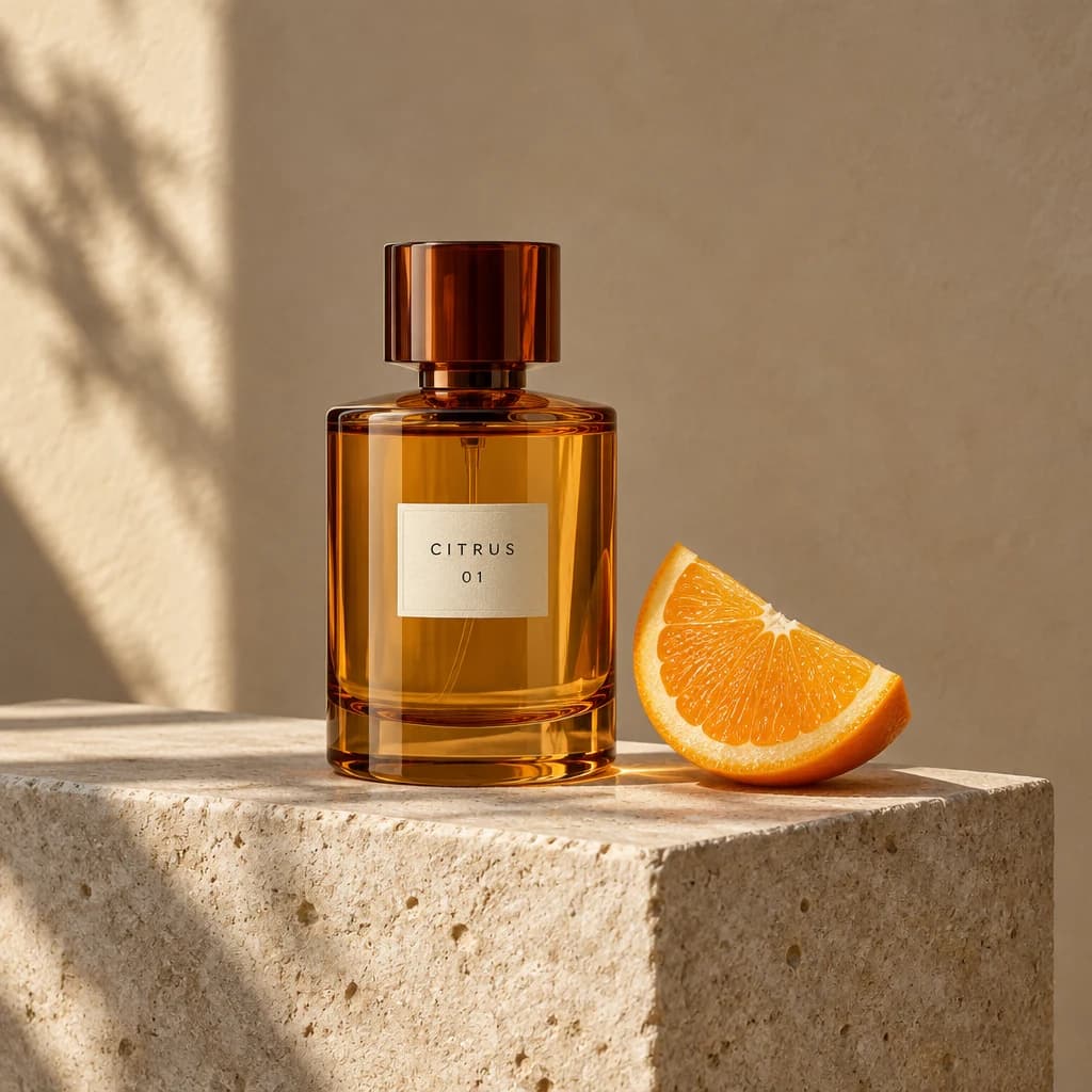 Flacon de parfum ambré et orange sur pierre, exemple GPT Image 2.5 en qualité Basse