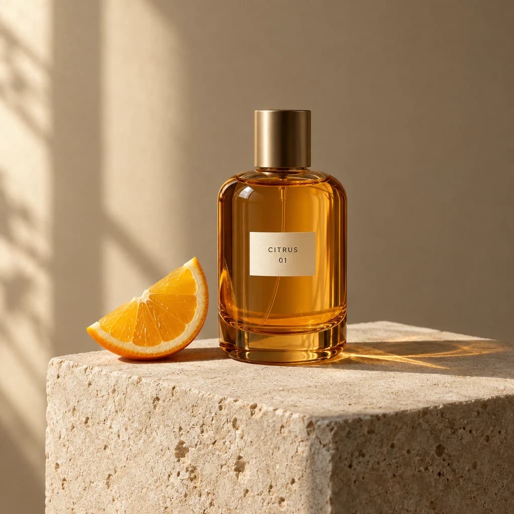 Flacon de parfum ambré et orange sur pierre, exemple GPT Image 2.5 en qualité Moyenne