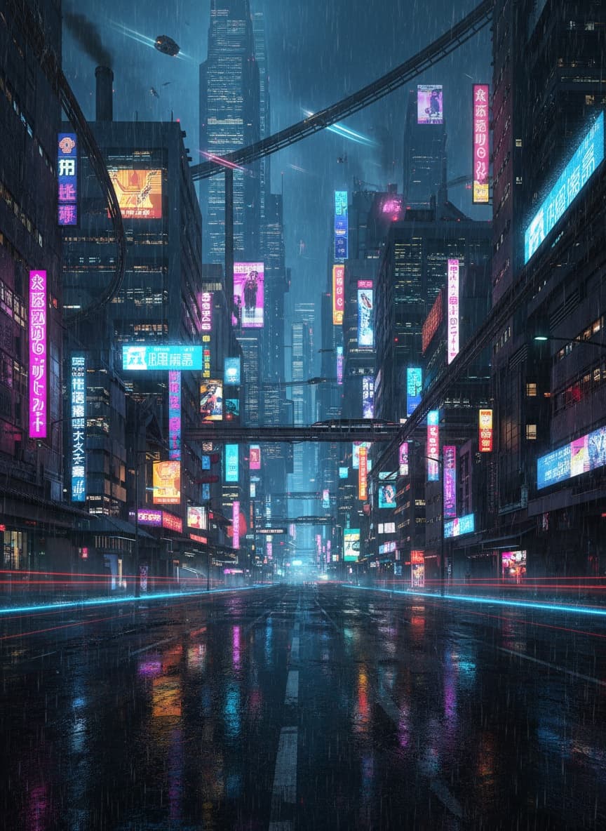 Cyberpunk-Stadtlandschaft mit Neonlichtern, die sich auf nassen Straßen spiegeln