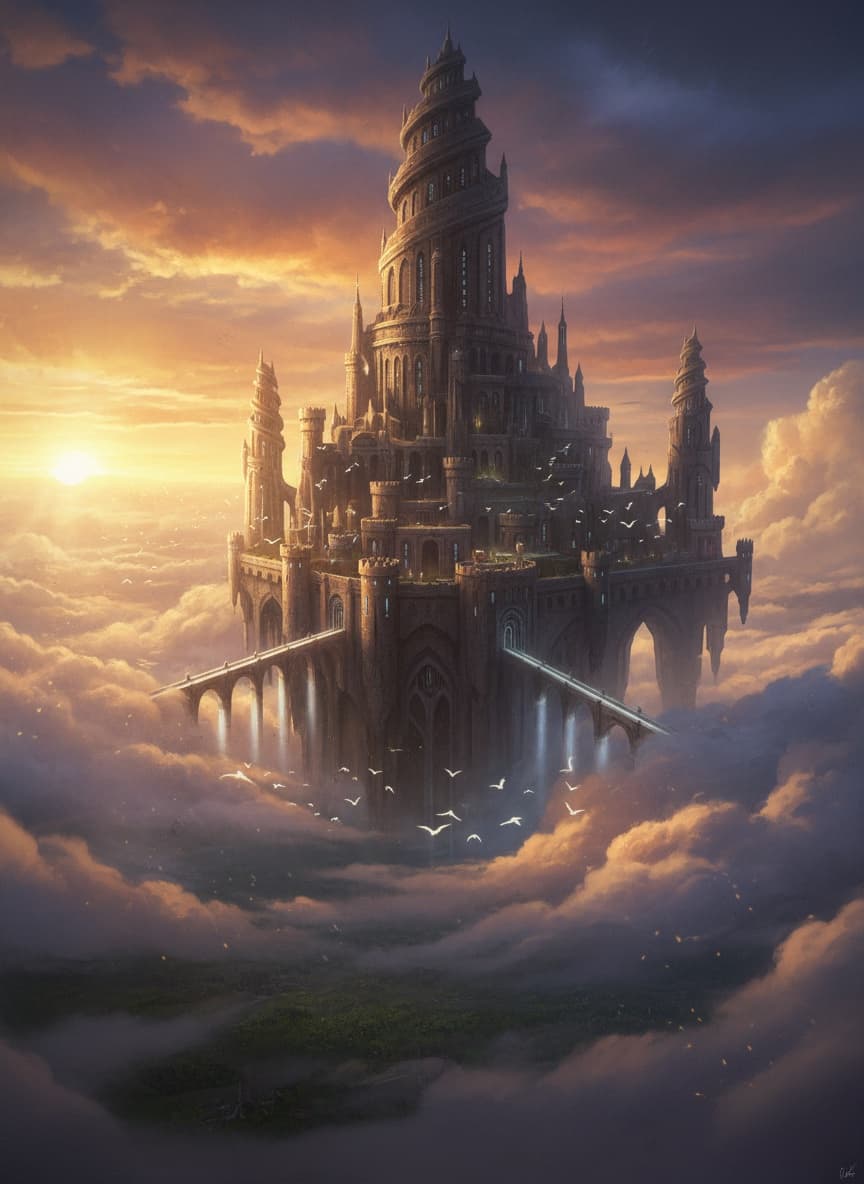 Un château majestueux flottant parmi les nuages au coucher du soleil