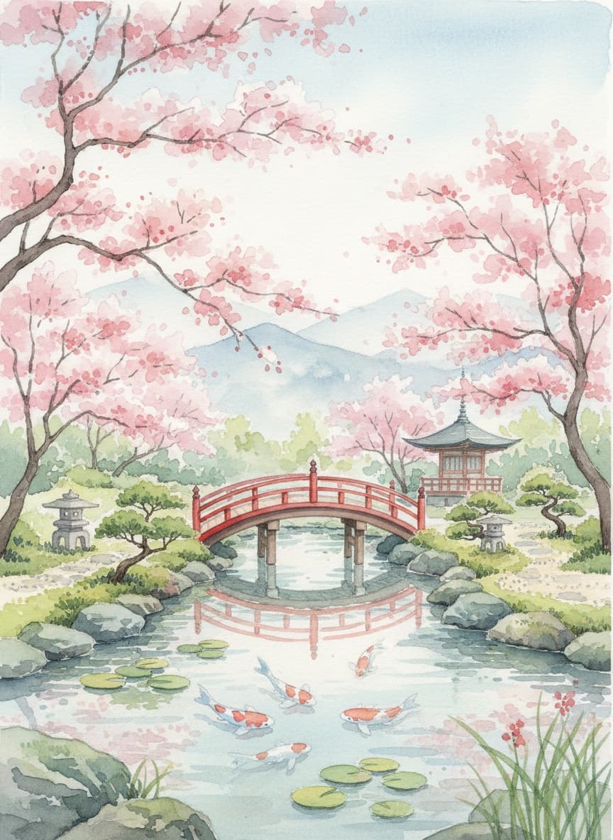 静かな日本庭園の水彩画