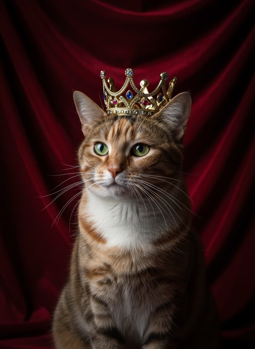 Portrait photoréaliste d'un chat portant une couronne