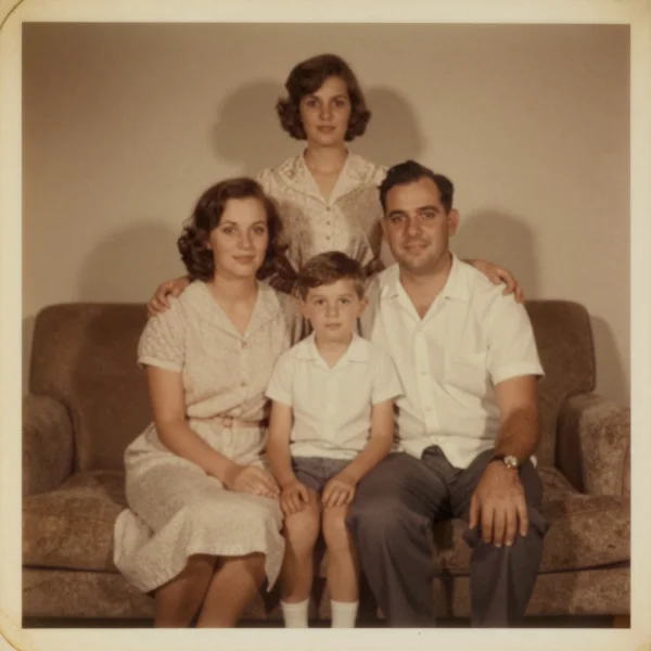 Old damaged photograph before AI restoration - faded colors and scratches