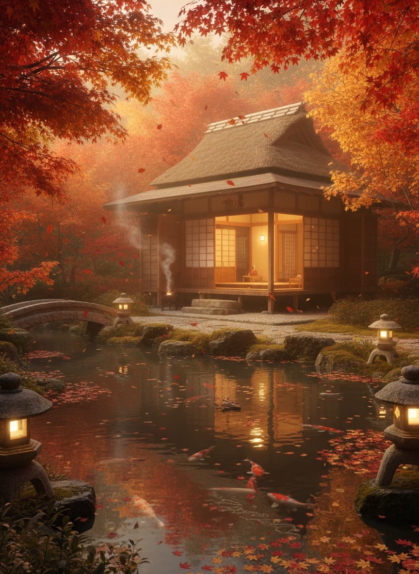 Уютный японский сад осенью с традиционным чайным домиком и падающими кленовыми листьями