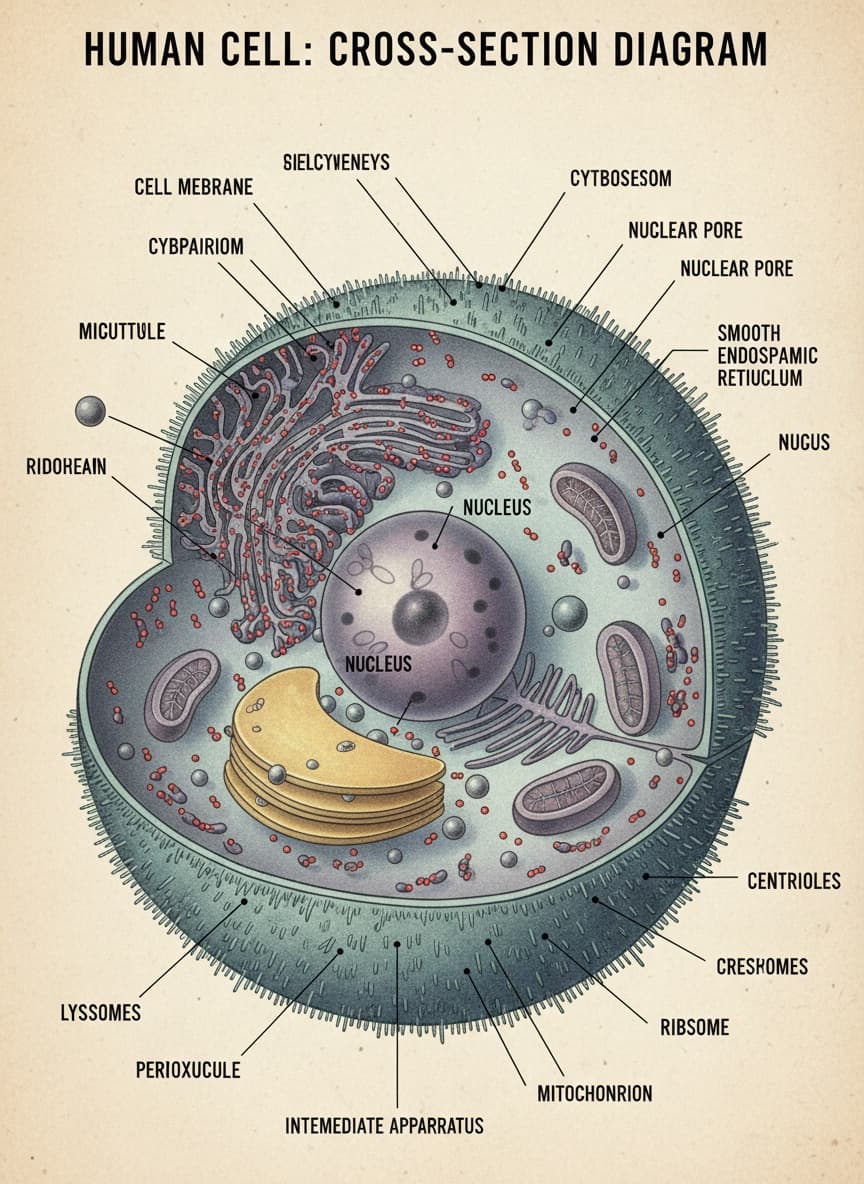 مخطط مقطعي مفصل لخلية بشرية مع عضيات مُعلّمة