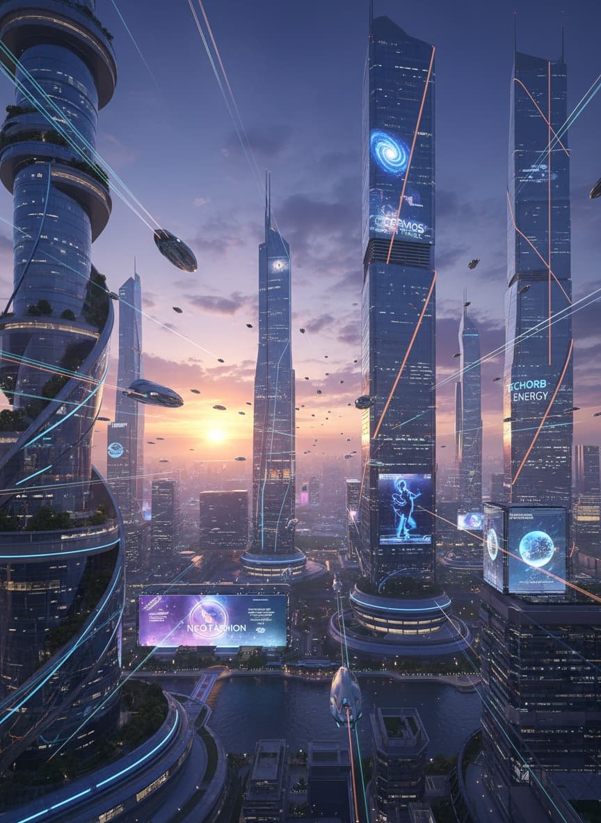 أفق مدينة مستقبلية عند الغروب مع مركبات طائرة ولوحات إعلانية هولوغرافية