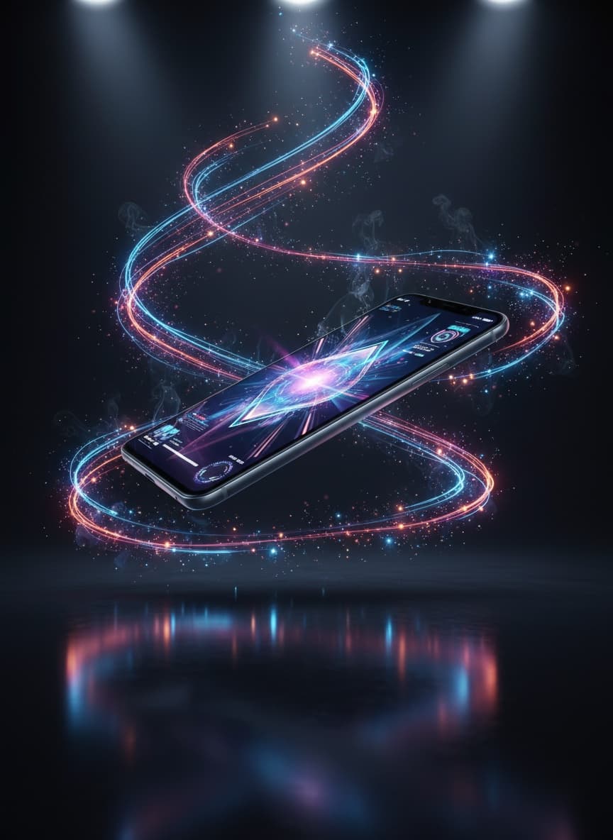 Новейший дизайн смартфона парящий в воздухе с динамическими световыми следами