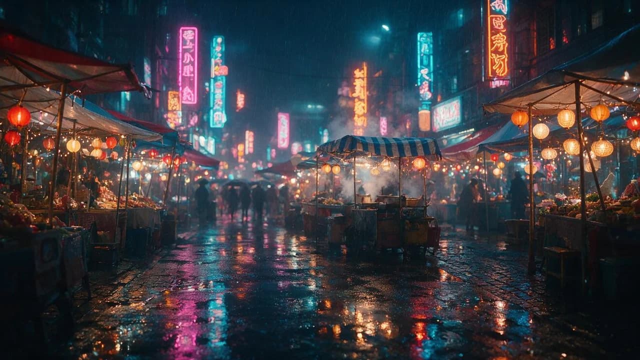 Cinematic wide shot of a neon-lit street market at night generated by Seedream 5.0 Pro