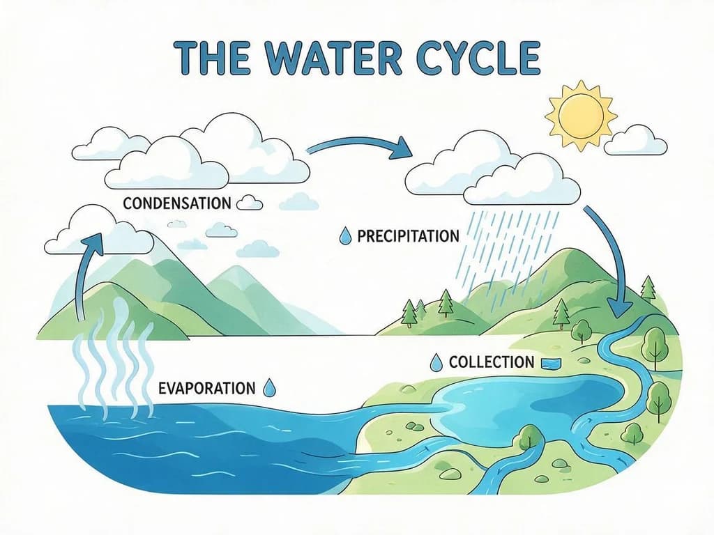 Infographic explaining the water cycle with labeled stages generated by Seedream 5.0 Pro