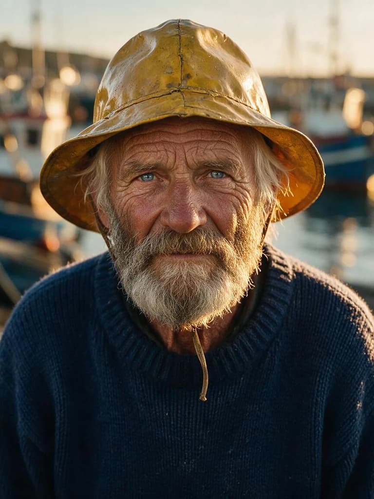 Photorealistic portrait of an elderly fisherman at golden hour generated by Seedream 5.0 Pro