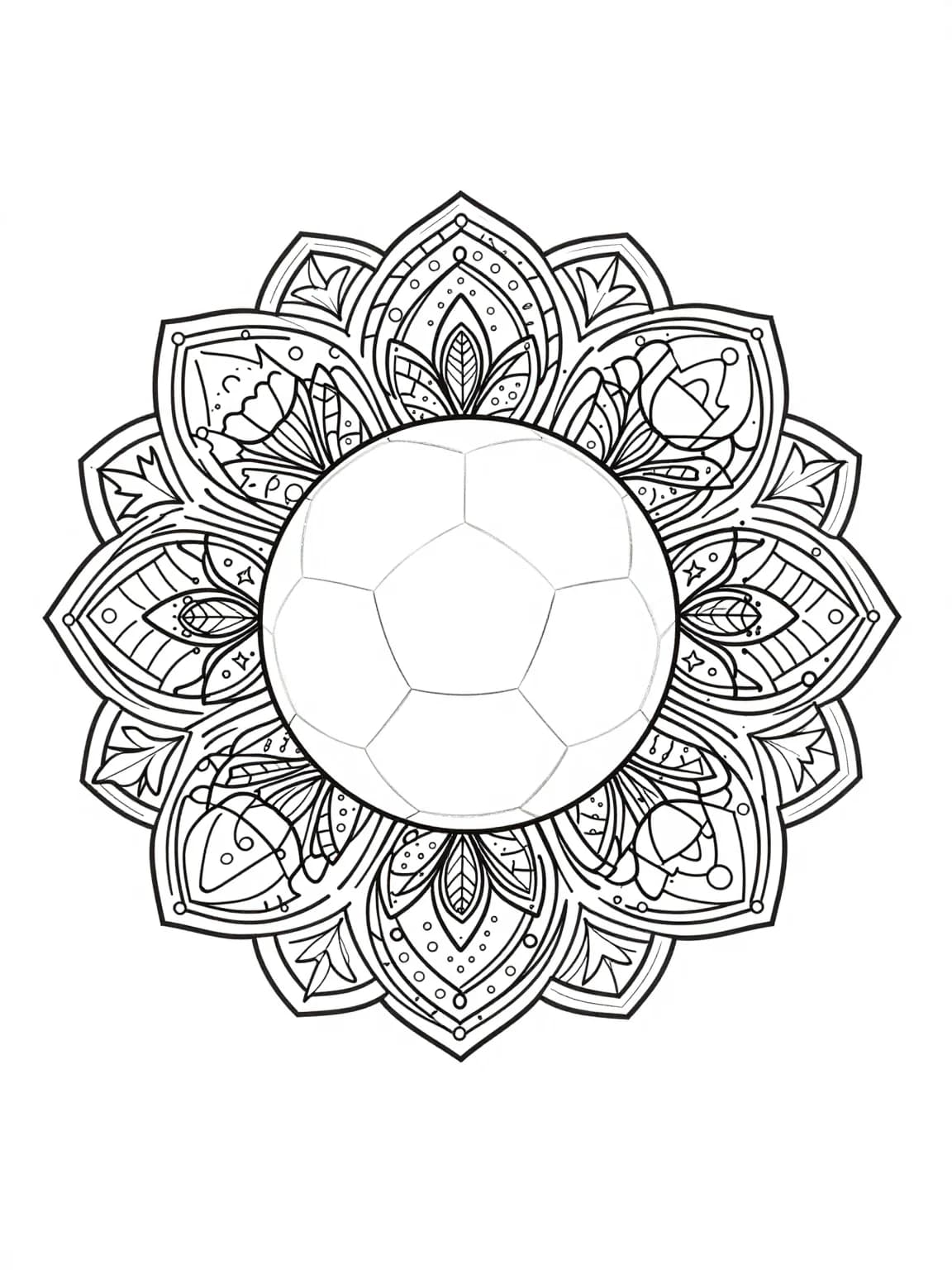Free printable World Cup coloring page — symmetrical soccer ball mandala pattern