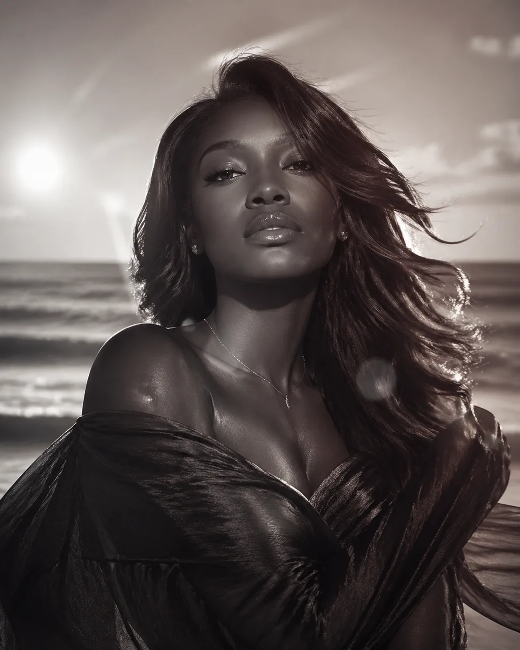 Luxury glam beauty portrait of a Black woman with mahogany red silk-press hair, cinematic monochromatic 1980s perfume-ad aesthetic, generated by GPT Image 2