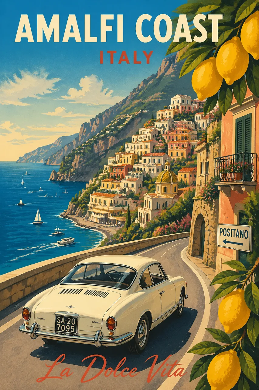 Vintage 1960s Amalfi Coast travel poster illustration with a classic white car on a coastal cliff road, lemon branches and Mediterranean sea, generated by GPT Image 2