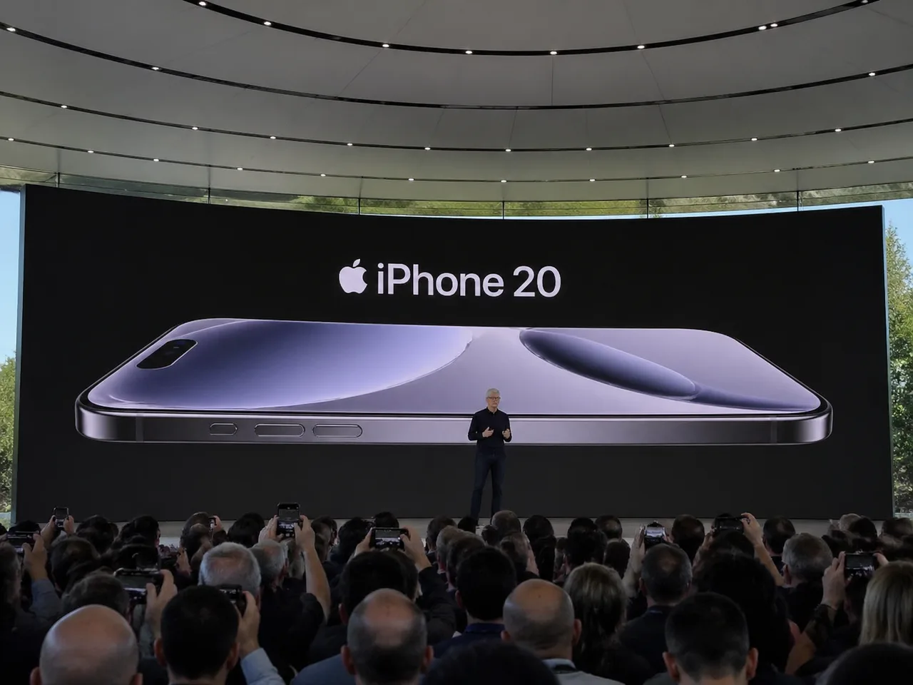Amateur iPhone snapshot from the audience at the iPhone 20 keynote at Apple Park, with Tim Cook on stage in the distance, generated by GPT Image 2