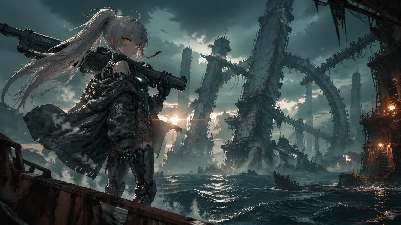 Cinematic anime key visual of a teenage mecha girl with a rail cannon on a rusted platform above a derelict sea-city at dusk, teal and rust palette, generated by GPT Image 2