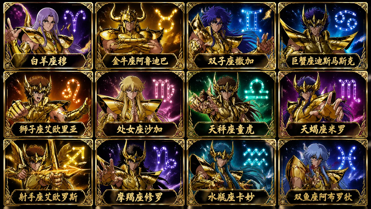 12-card 3x4 grid of the Saint Seiya Gold Saints in zodiac armor with constellation symbols and Chinese name calligraphy under each card, generated by GPT Image 2