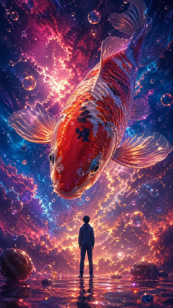 Surrealist illustration of a giant colorful koi fish swimming through a magenta and gold nebula above a small human silhouette gazing upward, generated by GPT Image 2