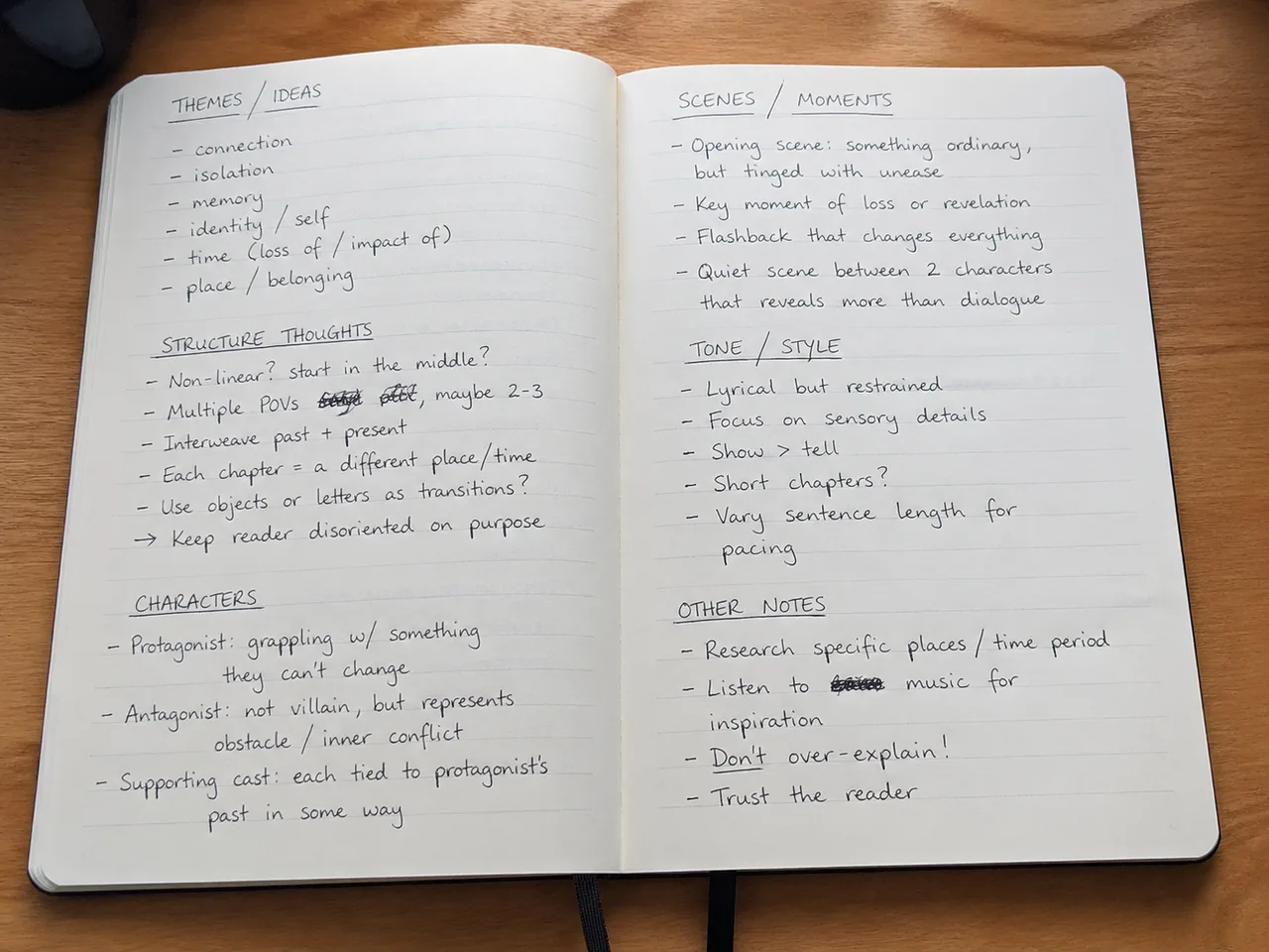 Amateur iPhone photo of an open notebook filled with messy black ballpoint handwriting, crossed-out words and underlined headings on a casual desk, generated by GPT Image 2