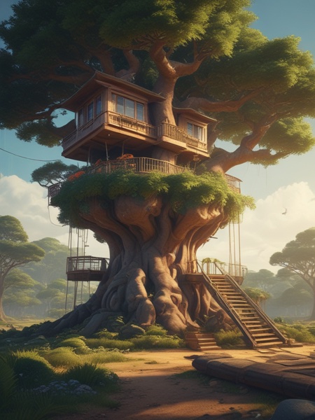 Futuristic Treehouse Ghibli Style