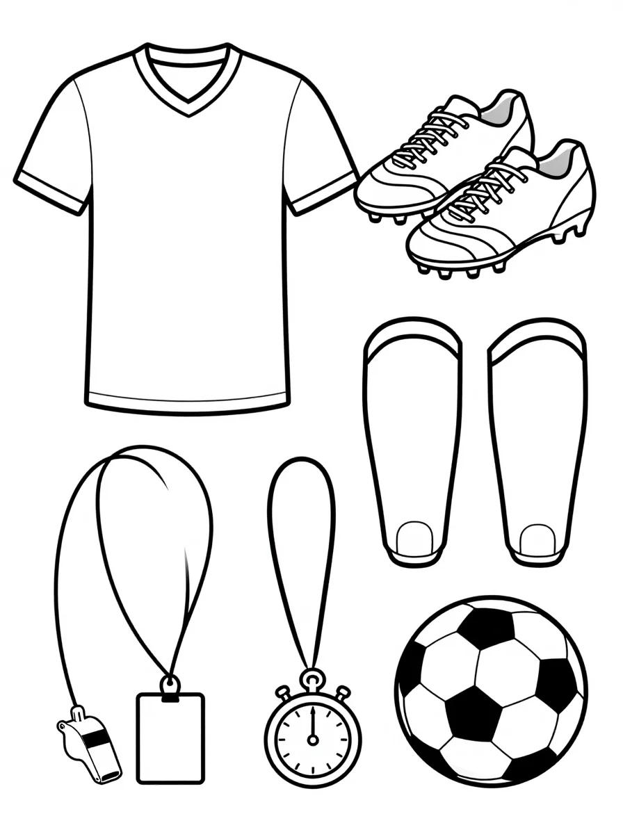 Soccer Gear Set — World Cup 2026 coloring page example, generic football line art with no team logos or FIFA marks
