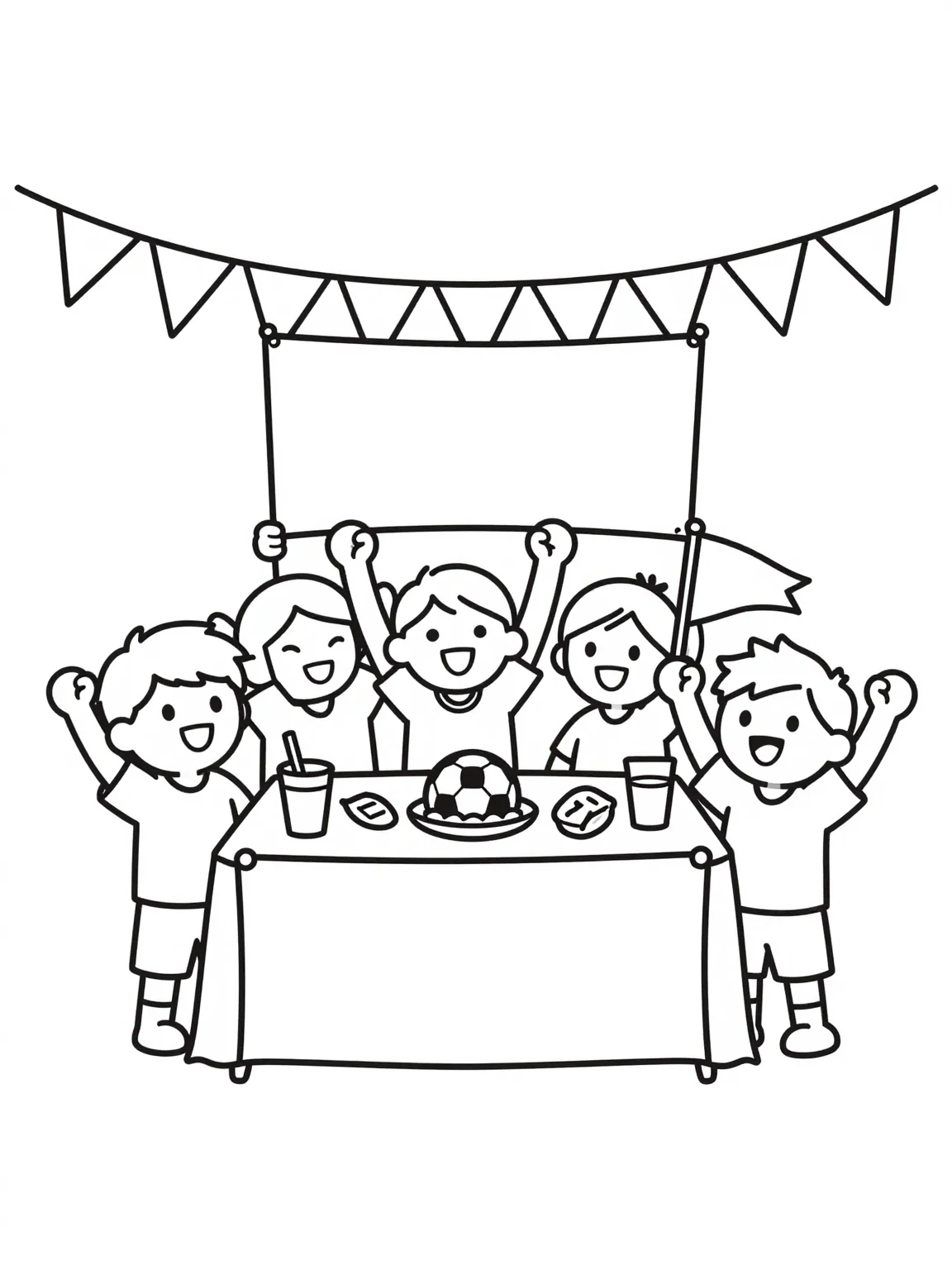 Match-day Party — World Cup 2026 coloring page example, generic football line art with no team logos or FIFA marks
